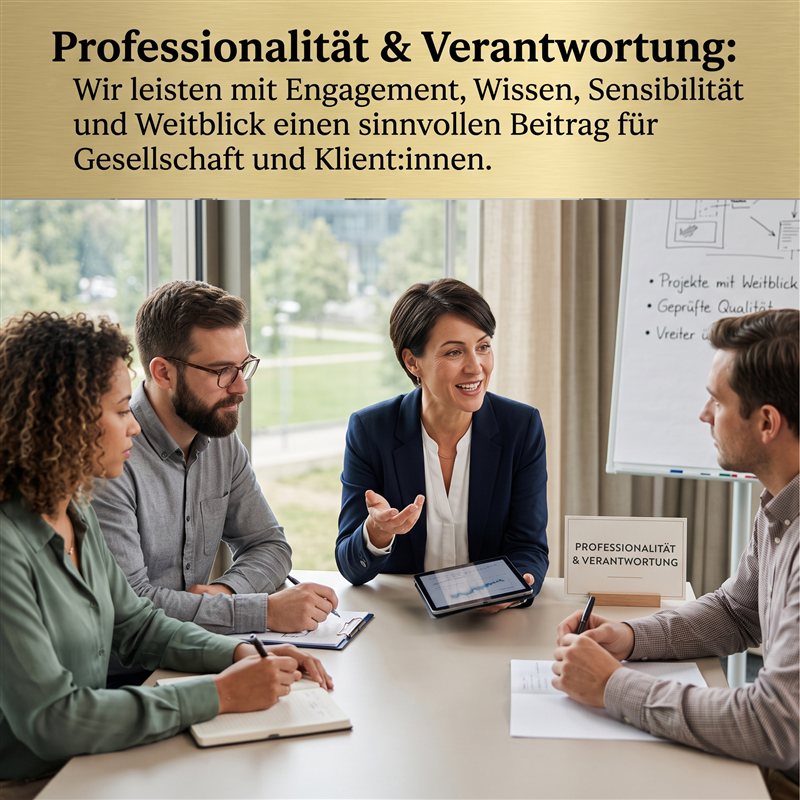 Professionalität & Verantwortung: Wir leisten mit Engagement, Wissen, Sensibilität und Weitblick einen sinnvollen Beitrag für Gesellschaft und Klient:innen.